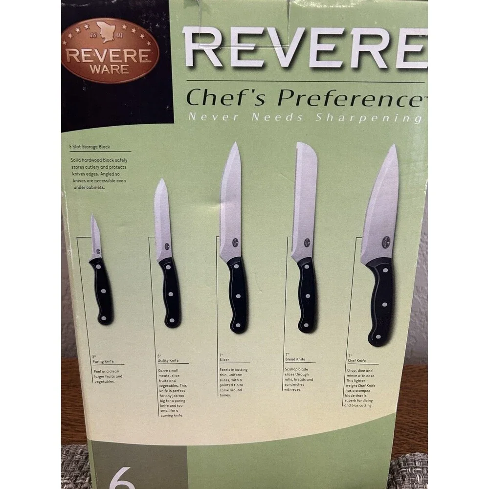 Revere Ware 6 Pc Knife Set W Wood Block Black Handles Never Needs Sharpening